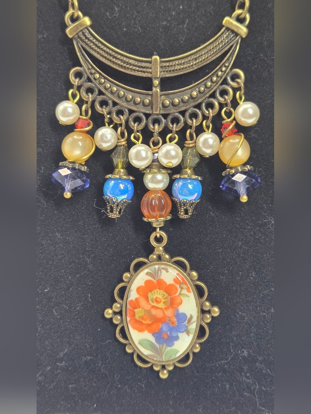Vintage Floral Charm Necklace Bronze Chain Glass Beads Porcelain Pendant